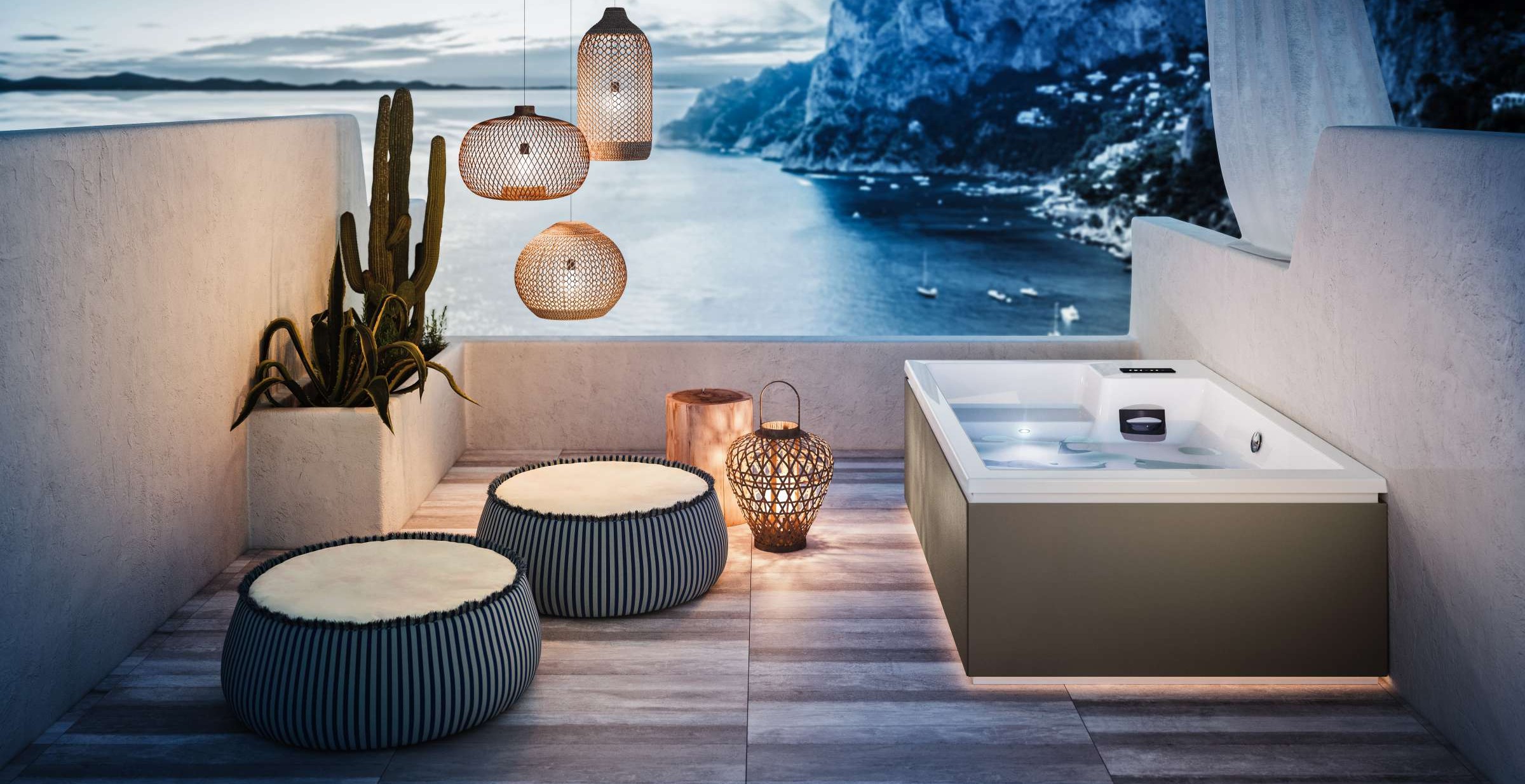 Elegante minipiscina da appoggio o da incasso, a skimmer, adatte sia per l'interno che l'esterno - serie Moonlight 185